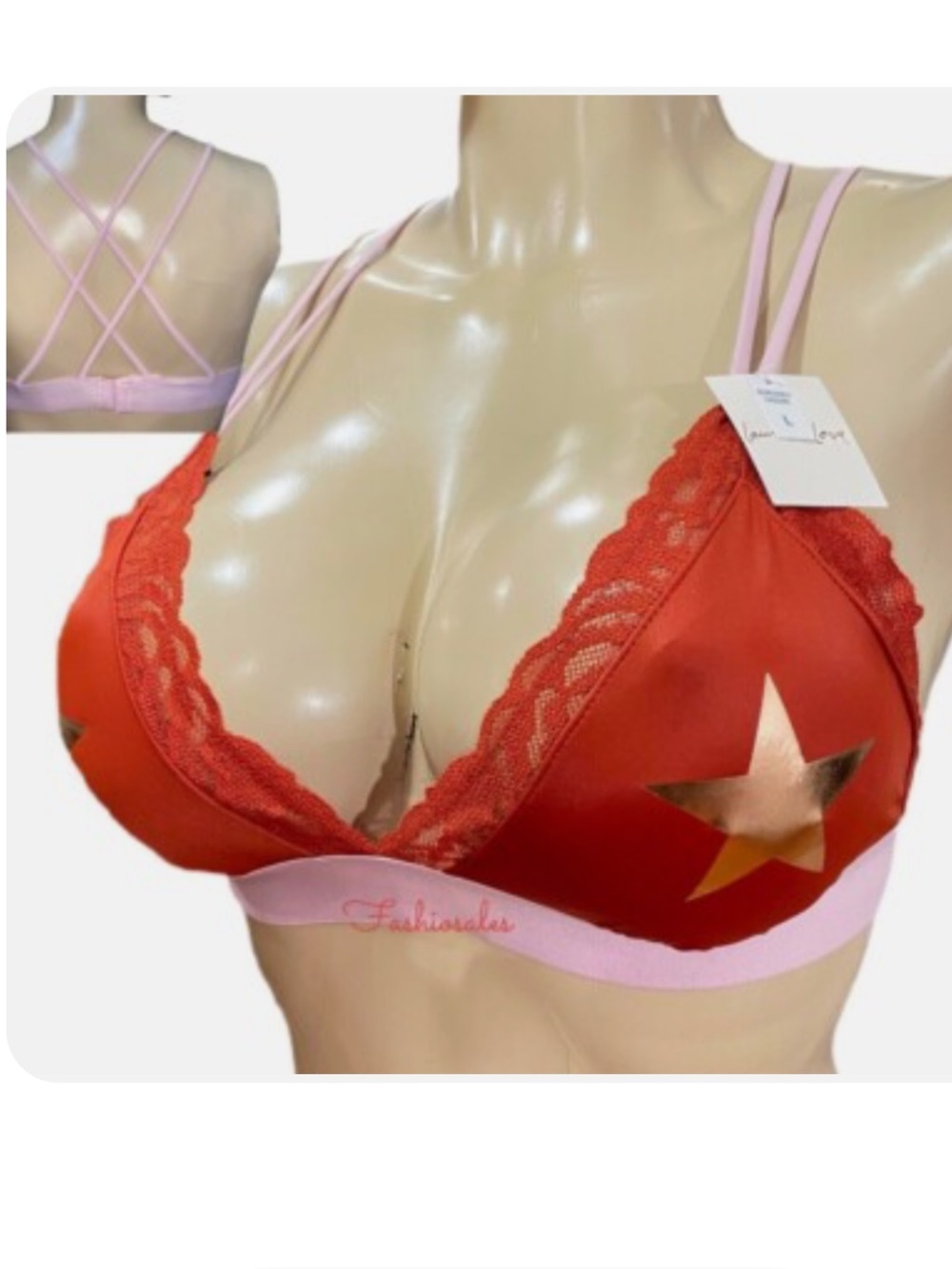 Pink Red Lace-Trim Bralette with Pink Band small size